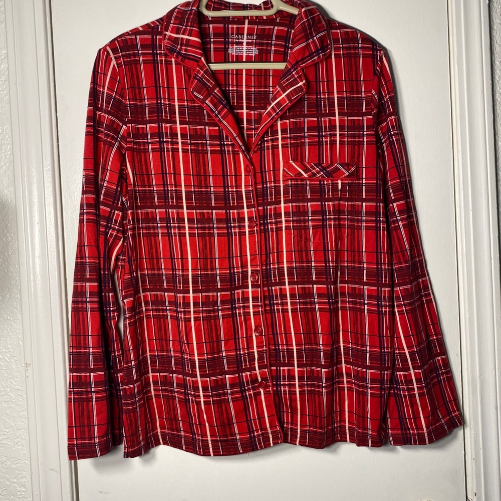 Cabernet by Sleep Sense Womens Small Red Plaid Button Up Pajama Top Long Sleeve